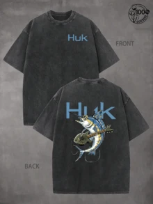 Retro HUK Fishing T-Shirt With Swordfish Playing Guitar On The Back, Daily Y2K Style Outfit, Fishing Enthusiast, Streetwear, Fun T-Shirts, Men's And Women's T-Shirts, Fishing Wear; Suitable For Outdoor Sports And Daily Wear, Streetwear,  Washed Cotton T-Shirt, Huk T-Shirt, Comfortable, Men's Gift - Black - View 1