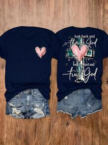 Women's Christian Inspired Graphic Print T-Shirt - "Looking Back, See How Far You've Come" Short Sleeve Crew Neck Top With Cross And Heart Design, Medium Elasticity Casual Summer Spring T-Shirt, Machine Washable, Cute T-Shirt, Sheer Fabric For Daily Wear - 藏蓝色 - 查看 1