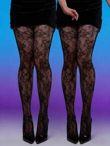 1件装女士提花网眼丝袜，优雅法式风格高弹力连裤袜，夏季 - 黑色 - 查看 3