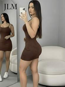 Women's Short Ribbed Fitted Dress With Thin Straps And Round Neckline. Fitted Design, Soft To The Touch, Ideal For Modern Looks And Elegant Evening Wear. - Rust Brown - View 2