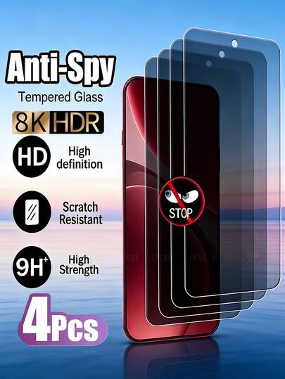 4片装9H全覆盖防窥钢化玻璃屏幕保护膜，兼容三星Galaxy S26 A57 A37/小米15T Poco X7 Pro/ Note 15/ 17 Pro Max 16/荣耀X9D等多种型号，防摔、不易碎、防窥钢化玻璃，无气泡，易于安装，坚固耐用，不支持指纹解锁。