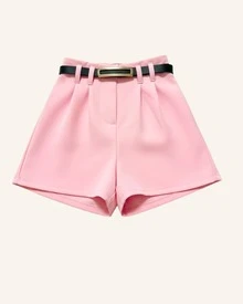 kit 2 Shorts Infantil Alfaiataria com Cinto Ajustável - Rosa Bebê + Amarelo - Visão 2