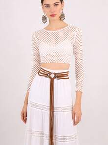 1PC Long Rope Ring Knotted Belt For Women Bohemian Crescent Moon Buckle Waist Rope With Tassel - A - View 3