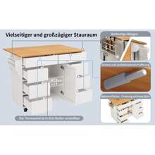 Modern Kitchen Island Table, Cabinets, Retractable Kitchen Cart With Wheels And Worktop, Dining Cart With Seasoning Shelf And 8 Drawers, White - White - View 4