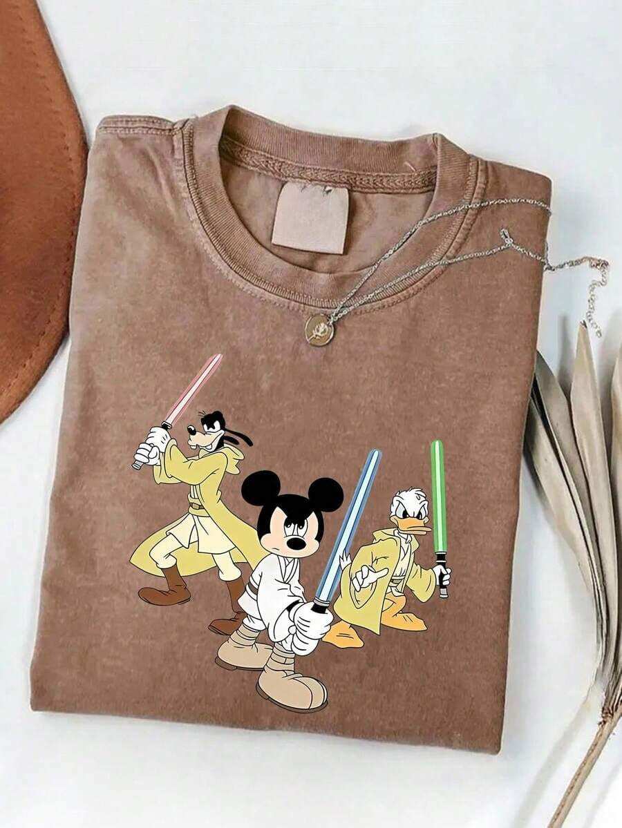 Disney Animal Character Puzzle Summer T-Shirt, Pure Cotton Washed T-Shirt, One-Piece Design, Pure Cotton Fabric, Comfortable And Breathable, Worn By Disney Lovers And Couples In Disney Parks; A High-Quality Fashion Brand, It Is The Ideal Surprise Gift For Family And Friends. - 咖啡棕 - 查看 1