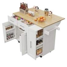 Modern Kitchen Island Table, Cabinets, Dining Room Cabinets, Dining Cart With Wood Grain Finish, Multifunctional Dining Table With Storage Space, Dining Cart With Snack Holder And Telescopic Cabinet, White - B - View 2
