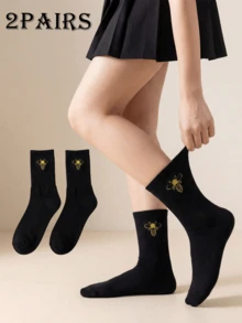 1/2 Pair Women Black Bee Ribbed Breathable Moisture-Wicking Casual Mid-Calf Socks, Suitable For Commuting And Home Wear - Multicolor - View 9