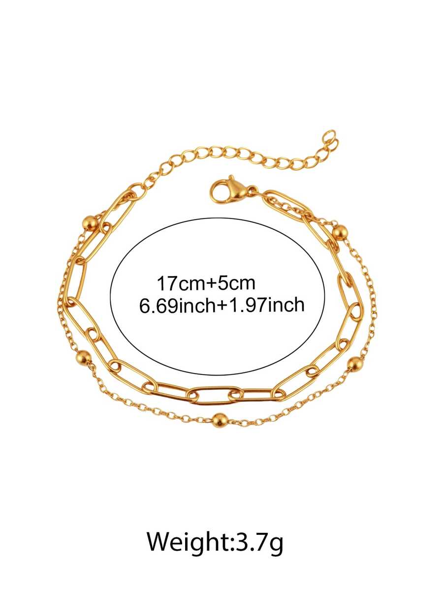 不锈钢手链双层佩戴回形针、圆形珠子、ins风、金色女士休闲日常约会搭配服装和配饰。 - 手鍊 - 查看 1