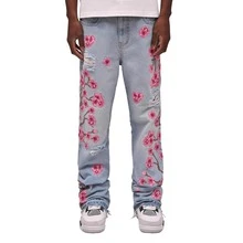 Purple 2025 New Arrival Mens Flared Jeans Street Fashion Heavy Embroidery Plum Blossom Non Stretch Y2k  Hot  In Stock - 淺色水洗藍 - 查看 5