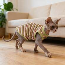 Camisa de cuello de canalé para mascotas, atuendo lindo resistente al desprendimiento de pelo, para relajación en interiores y compañía diaria, adecuado para todas las razas de gatos esfinge, top de tirantes de color de contraste elástico y amigable con la piel - Verde - Ver 14