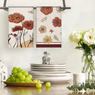 2/4/48pcs Vintage Floral & Leaf & Butterfly Pattern Kitchen Dish Cloths, Soft & Durable High Absorbency, Multi-Purpose Cleaning Towels