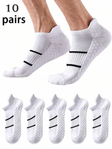 5/10 Pairs Men's White Sports Boat Socks With Contrast Stripes, Breathable Athletic Style Suitable For Daily Workout - White - View 7