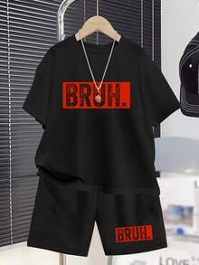 BRUH Pattern Casual Summer Short-Sleeve Set For Boys, Fashionable Outdoor Sports Spring/Summer T-Shirt And Shorts 2pcs Set, Ages 5-6, 6-7, 8-10, 12-14, 14-16. Other Accessories Are Not Sold Separately., Perfect For Outdoor - 黑色 - 查看 1