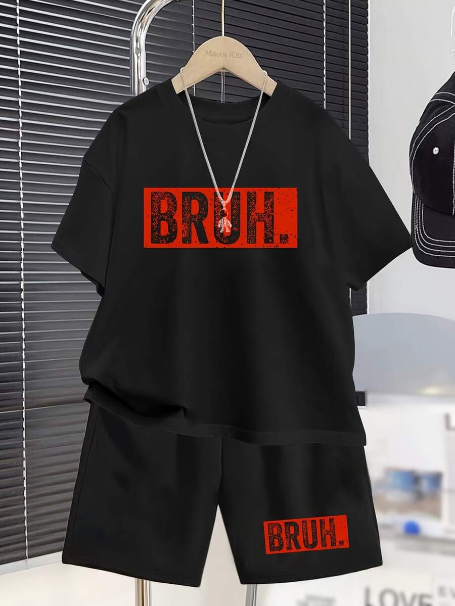 BRUH Pattern Casual Summer Short-Sleeve Set For Boys, Fashionable Outdoor Sports Spring/Summer T-Shirt And Shorts 2pcs Set, Ages 5-6, 6-7, 8-10, 12-14, 14-16. Other Accessories Are Not Sold Separately., Perfect For Outdoor - 黑色 - 查看 1