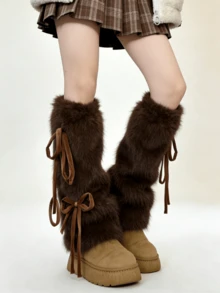 1 Pair Y2K Chic Khaki/Coffee/White Fuzzy Leg Warmers With Bow Tie Straps (May Have Slight Shedding) - Multicolor - View 9