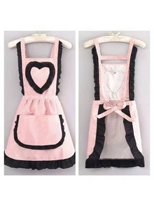 1件可爱蕾丝爱心公主帆布围裙，家用厨房腰围围裙，耐用防污 - 彩色 - 查看 5