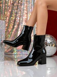Square-Toe Knee-High Boots, Matte Leather Denim/Riding Boots, Chunky Heel, Slim Fit, Warm Lining For Autumn And Winter, Women's Boots. - 純黑色 - 查看 7