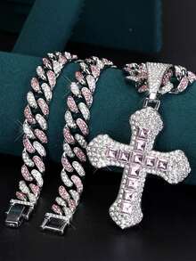 Men's Hip Hop Rhinestone Cuban Link Chain Necklace, Hip Hop Style Rhinestone Cross Pendant Necklace, Men's Jewelry - Fashionable Diamond-encrusted Cross Pendant - View 4