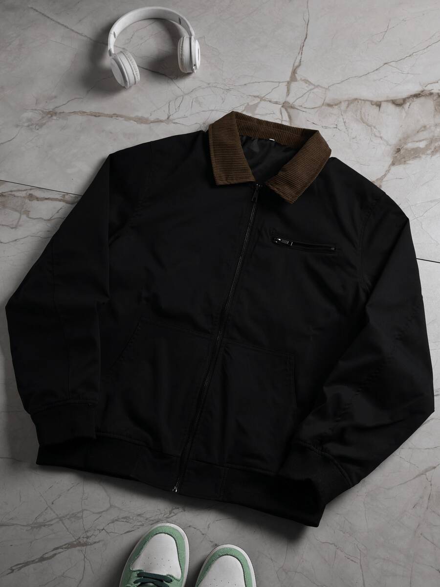 Men's Casual Lapel Jacket, Multi-Pocket Zipper Top, Retro Minimalist Fashion Versatile, Outdoor Commute Casual Military Style Zip-Up Jacket - Black - View 1