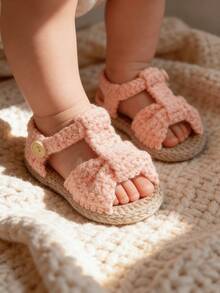 1 Pair Handmade Crochet Infant Sandals, Pink Bow Design, Soft Knit Footwear, Infant Shoes - Pink - View 2
