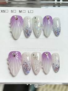 10片纯手工制作的长杏仁形美甲贴片，紫白相间，立体贝壳图案，时尚可爱，Y2K风格，柔和闪光，适合女性和女孩，春夏秋冬皆宜，节日及日常生活均可使用。 - 淡紫色 - 查看 2