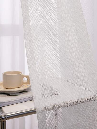 1pc Modern Minimalist Nordic Style Perforated Sheer Curtain, Striped Voile Window Curtain Panel For Living Room, Bedroom, Balcony, White Color, Sun Protection