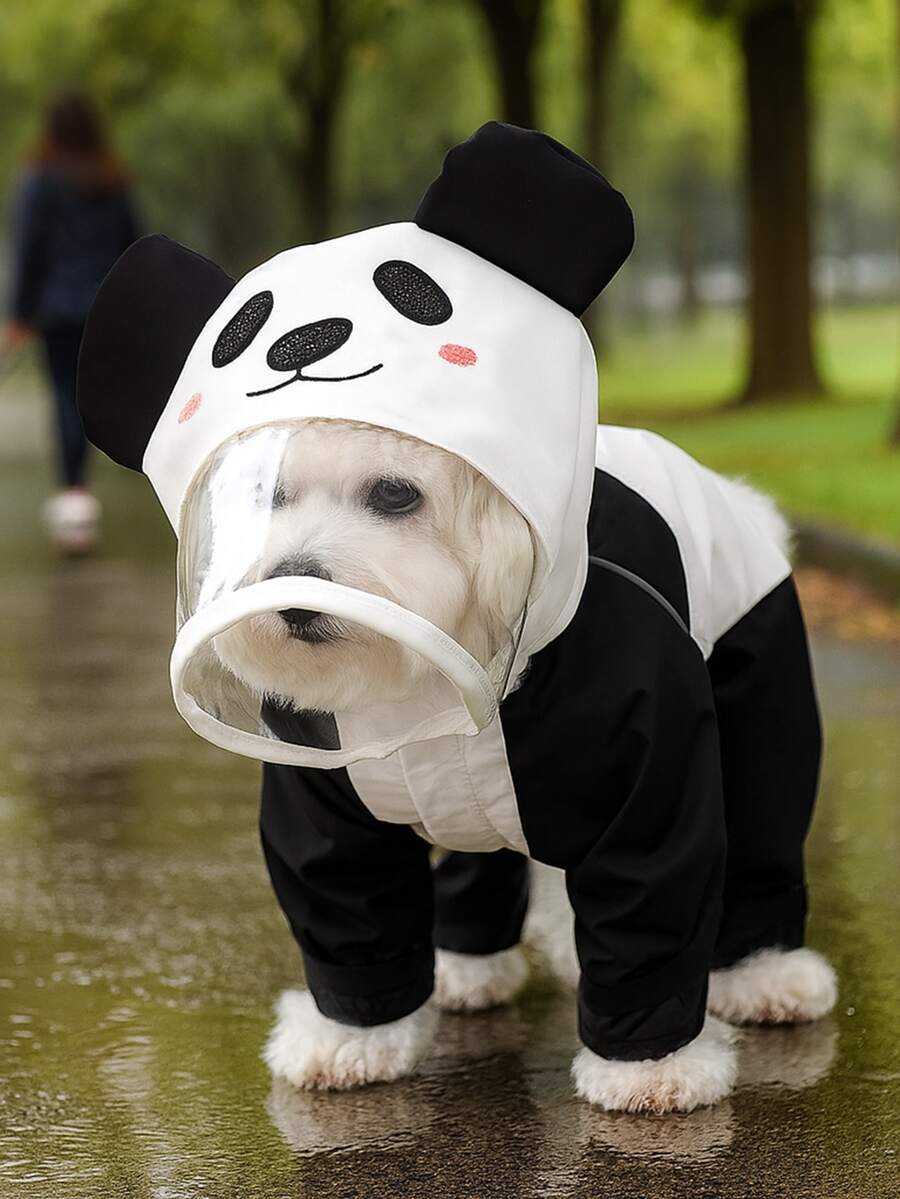 1件宠物雨衣，四脚带帽防水雨衣，卡通熊猫图案，四季皆宜 - 黑與白 - 查看 1