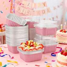 25/50个装粉色耐用方形铝箔烘焙杯，带盖 - 适用于蛋糕、松饼、甜点、圣诞节、万圣节等场合，可用作松饼杯、甜点容器，结构坚固，耐热材质，适合节日烹饪和派对策划 - 粉紅色-1 - 查看 9