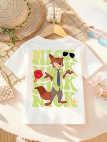 Disney Zootopia Nick Wilde Double Sided Letter Printed Girl's T-Shirt - Children's Clothing Design Short Sleeve Casual Cute Style Comfortable And Relaxing Suitable For Boys - 白色 - 查看 3