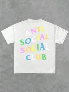 Anti Social Club Colorful Letters Graphic Print On Front And Back For A Unique Look Men's Tee Comfortable Fit Crew Neck Double Sided Printing Casual Tee For Daily Wear - 白色 - 查看 3