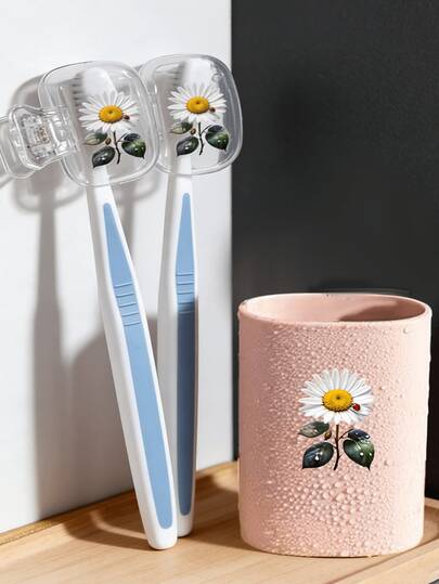 Daisy Pattern Portable Toothbrush Cover + Travel Toothbrush Case Set, Multi-Functional Dustproof Toothbrush Holder/Wash Cup, Suitable For Travel, Camping, Business Trips, And School. Multi-Functional Toothbrush Cup/Dustproof Toothbrush Clip, Toothbrush And Toiletries Storage Set, Minimalist Toiletries Storage Box, Travel Essential, Bathroom Accessories, Home Goods And Storage Items