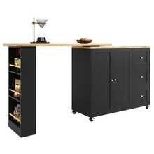 Tavolo da bar girevole a 360° (135-203 x 39 x 106 cm), con ruote, nero, dotato di tre cassetti. Include un ripiano per snack. Isola portaoggetti multifunzionale, ideale per cucina e soggiorno. - nero - Visualizzare 5