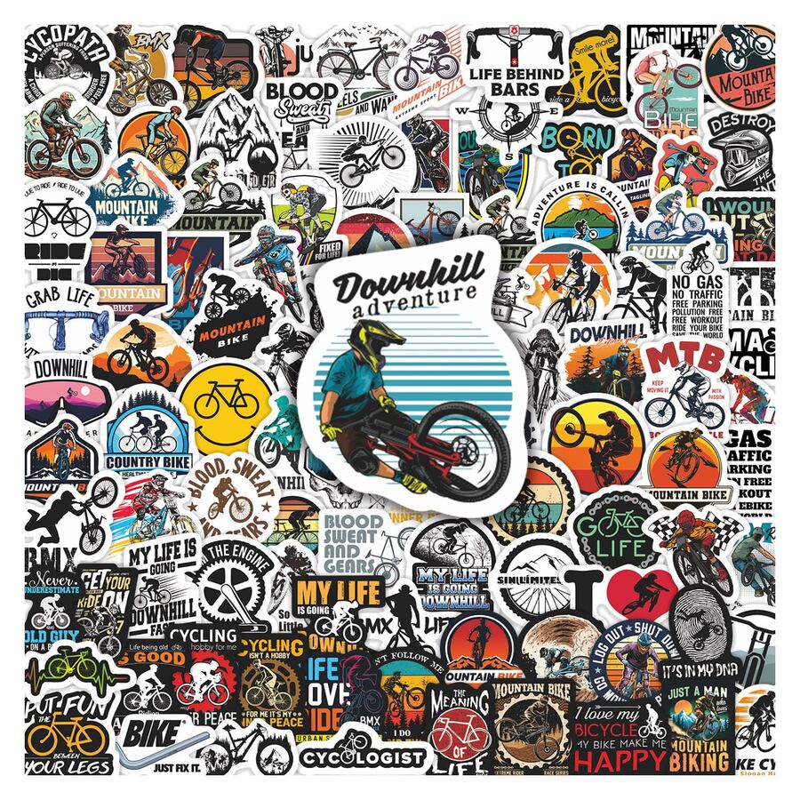 102张山地自行车涂鸦贴纸 - 防水乙烯基材质，适用于笔记本电脑、水瓶、笔记本、行李箱等 - 趣味DIY剪贴簿礼物，卡通设计，剪贴簿用品，文具，趣味贴纸，Kindle - A - 查看 1