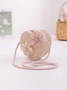 儿童草编包，可爱女童单肩斜挎包，沙滩编织包，春夏款 - 愛心包 - 查看 5