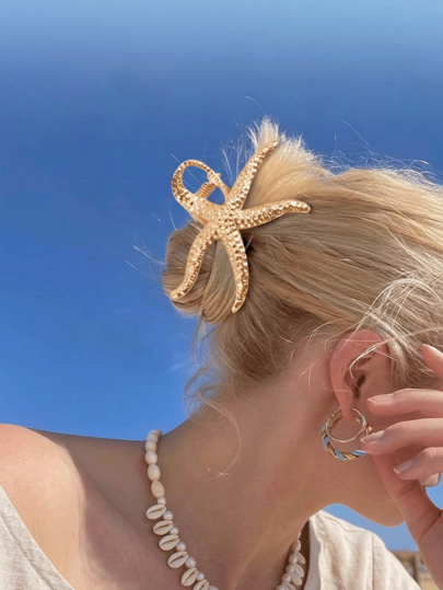 1 st sommar sjöstjärna hårklämmor för kvinnor, stora guldfärgade metall sjöstjärna hårklämmor, halkfri stark stadga kustnära hårklämma käkspänne, strandiga estetiska sjöjungfruhåraccessoarer för sommarsemester