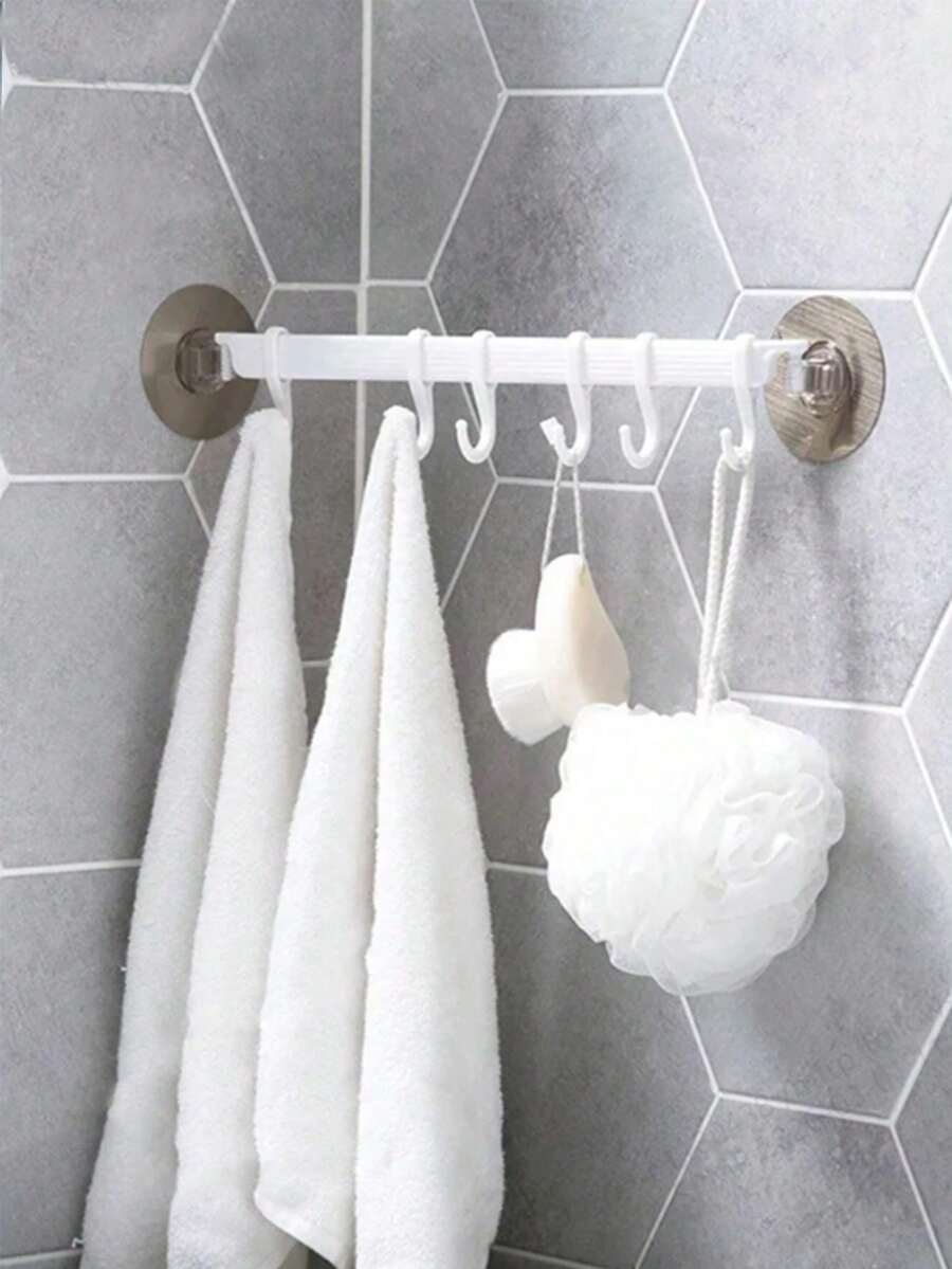 6pcs Adhesive Hooks, Powerful Glue No Damage Hooks, 6-Hook Rack For Kitchen, Bathroom, Corner, Nail-Free Hanging Hooks - White - View 1