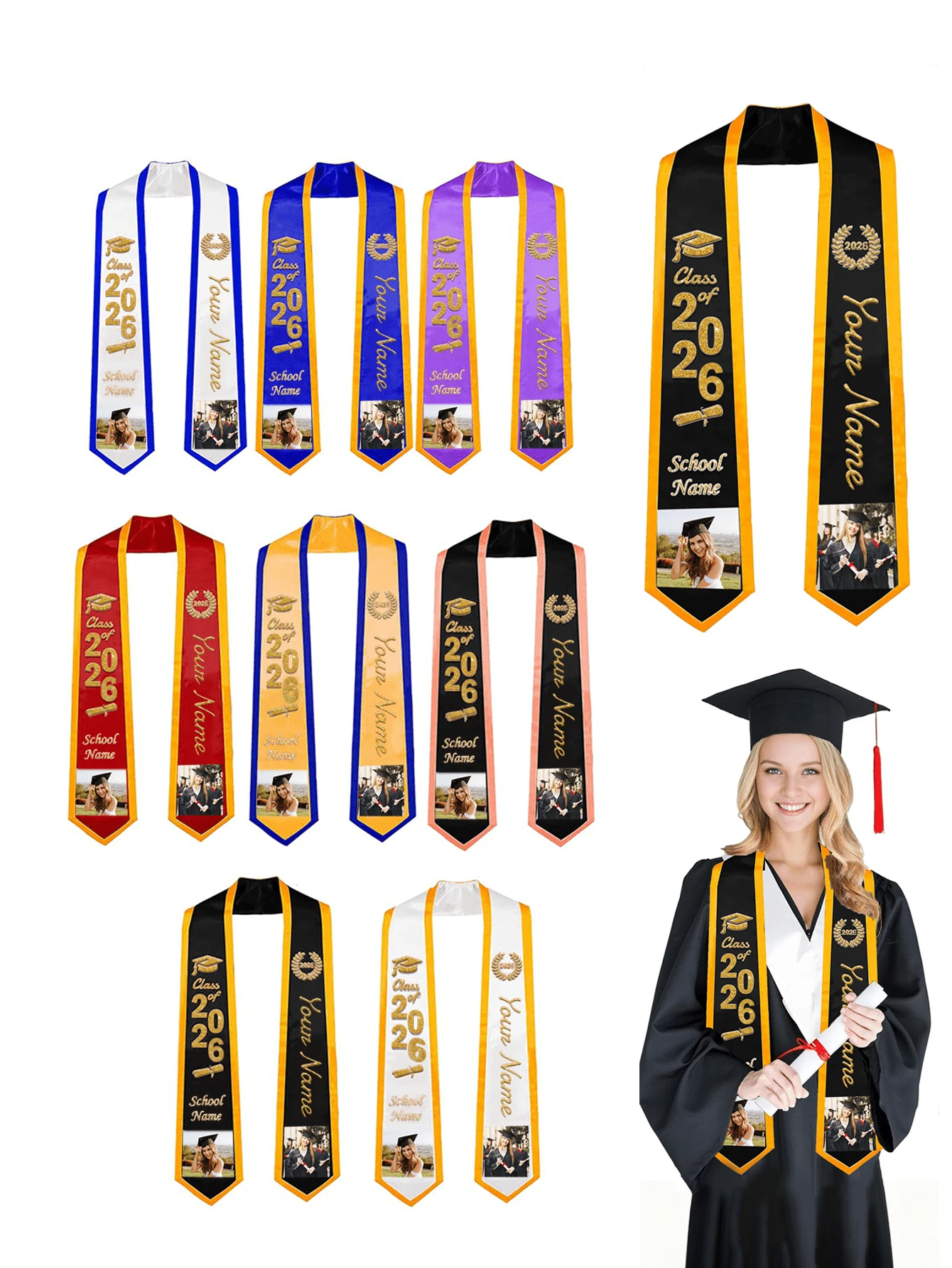 1pc 2026 Graduation Customized Sash - Personalized With Images And Text, 2026 Graduate Honor, Photo And Name, 2026 Class Honor Belt Decor, Graduation Cloak, Graduation Ceremony, Party Photo Booth, Graduation Gift, For Seniors - Multicolor - View 1