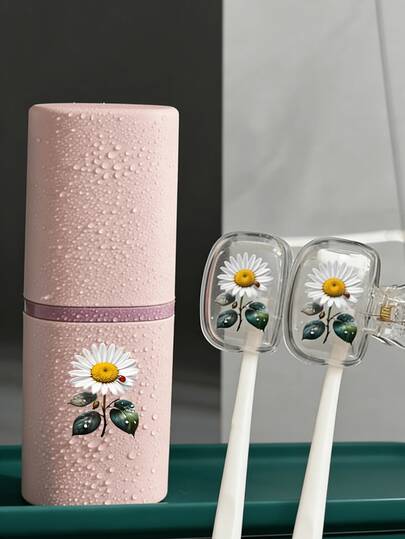 雏菊图案便携式牙刷套+旅行牙刷盒套装，多功能防尘牙刷架/洗漱杯，适合旅行、露营、出差和上学。多功能牙刷杯/防尘牙刷夹，牙刷和洗漱用品收纳套装，简约洗漱收纳盒，旅行必备，浴室配件，家居用品和收纳用品。