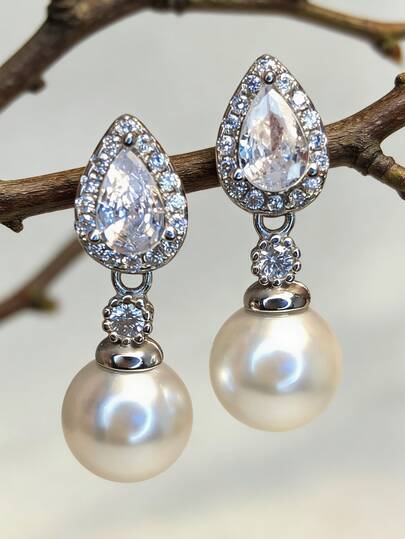 1 Pair S925 Sterling Silver Teardrop Synthetic Zirconia & Faux Pearl Stud Earrings, Elegant Quality Jewelry For Women, Suitable As Gift For Lover Or Mother