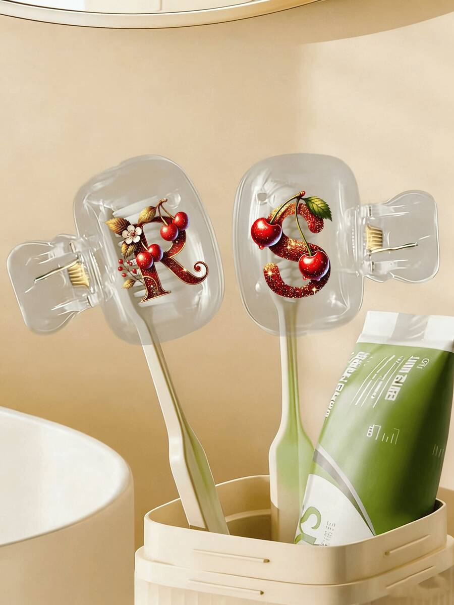 Cherry Shiny Gold & Red Letter Toothbrush Holder - Cute Design Travel And Home Storage Box With Transparent Lid, Compact Portable Design For Easy Carrying, Protects Toothbrush Head, Features Dual Drainage And Ventilation, Suitable For Home, Dorm And Travel Use | Cute Toothbrush Head Storage Box, Suitable For Bathroom Storage, Suitable For Home And Dorm Use - Multicolor - View 1