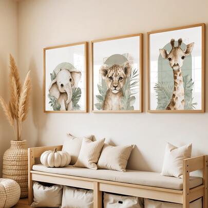 3pcs/Set Vintage Poster Art Prints, Including Elephants, Lions, And Giraffes | Twilight Green Jungle Canvas Painting, Suitable For Living Room Deccor,Home Deccor,Room Decor,Wall Decor,Bedroom Decor, Ideal For Gift Giving And Housewarming