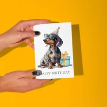 1张可爱腊肠犬生日贺卡，附信封，水彩派对狗狗设计，送给爱狗人士 - 查看 3