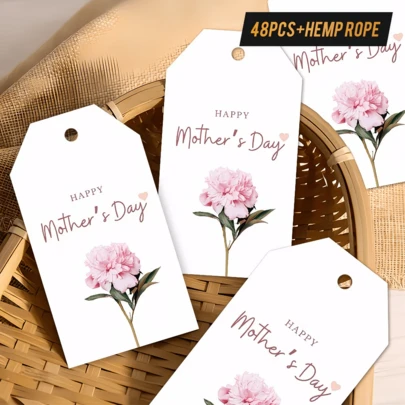 48 etiquetas de regalo "Feliz Día de la Madre", hechas de cuerda de yute con un elegante diseño de flores de peonía, adecuadas para regalos del Día de la Madre, regalos para mujeres y pequeños obsequios con pensamientos maravillosos y agradecidos.