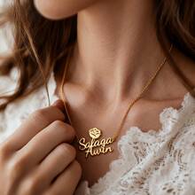 [Personalización] Collar con nombre de pareja personalizado, collar personalizado con colgante de flor y corazón con dos nombres, regalo de boda, joyería de acero inoxidable - Multicolor - Ver 4