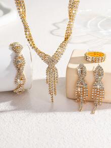 5pcs Women's Jewelry Set - Elegant Crystal & Rhinestone Jewelry Set, Suitable For Commuting, Campus Dating, Daily Outings, Weddings And Festivals - Precious Gold - View 3