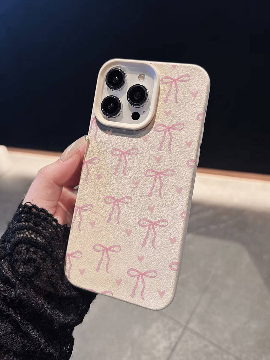 1pc White Matte Textured Personalized Phone Case With Pink Bowknot & Heart Pattern, Suitable For IPhone 16 Pro Max, 15, 14 Plus, 13, 12, 11 - Multicolor - View 1