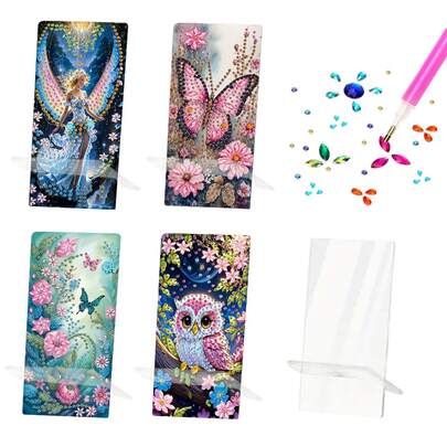 1 pieza Kit de pintura de diamantes Soporte para teléfono, con diseño temático de hada, mariposa y búho con acentos de cristal redondo, soporte multifuncional para teléfono y espejo, juego de manualidades creativas DIY como regalo