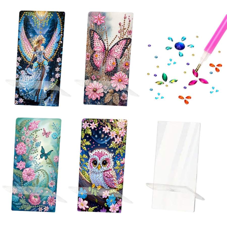 1件套钻石画手机支架套装，以仙女、蝴蝶、猫头鹰为主题设计，饰以圆形水晶宝石，多功能手机支架兼镜子，创意DIY手工礼品套装