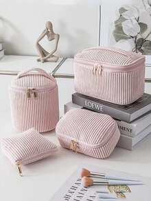 1 件天鹅绒化妆包，方便洗漱包，护肤品和化妆品收纳整理器，带大开口隔层，旅行随身化妆包化妆包化妆品收纳包 - 粉色 - 查看 2