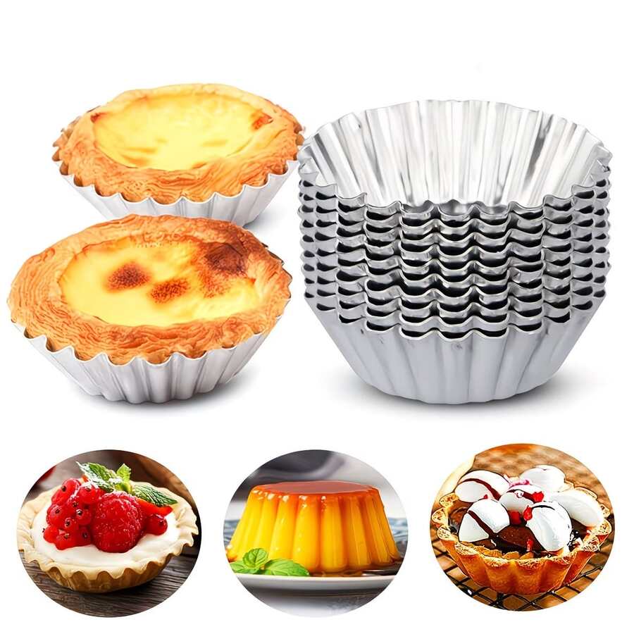 5/10/20/30 Egg Tart Molds, Reusable Pie Molds, Suitable For Muffins, Cupcakes, Puddings, Non-Stick, Baking Custard Dishes, Baking Tools, Cake Carriers, Tart Molds. - Silver - View 1